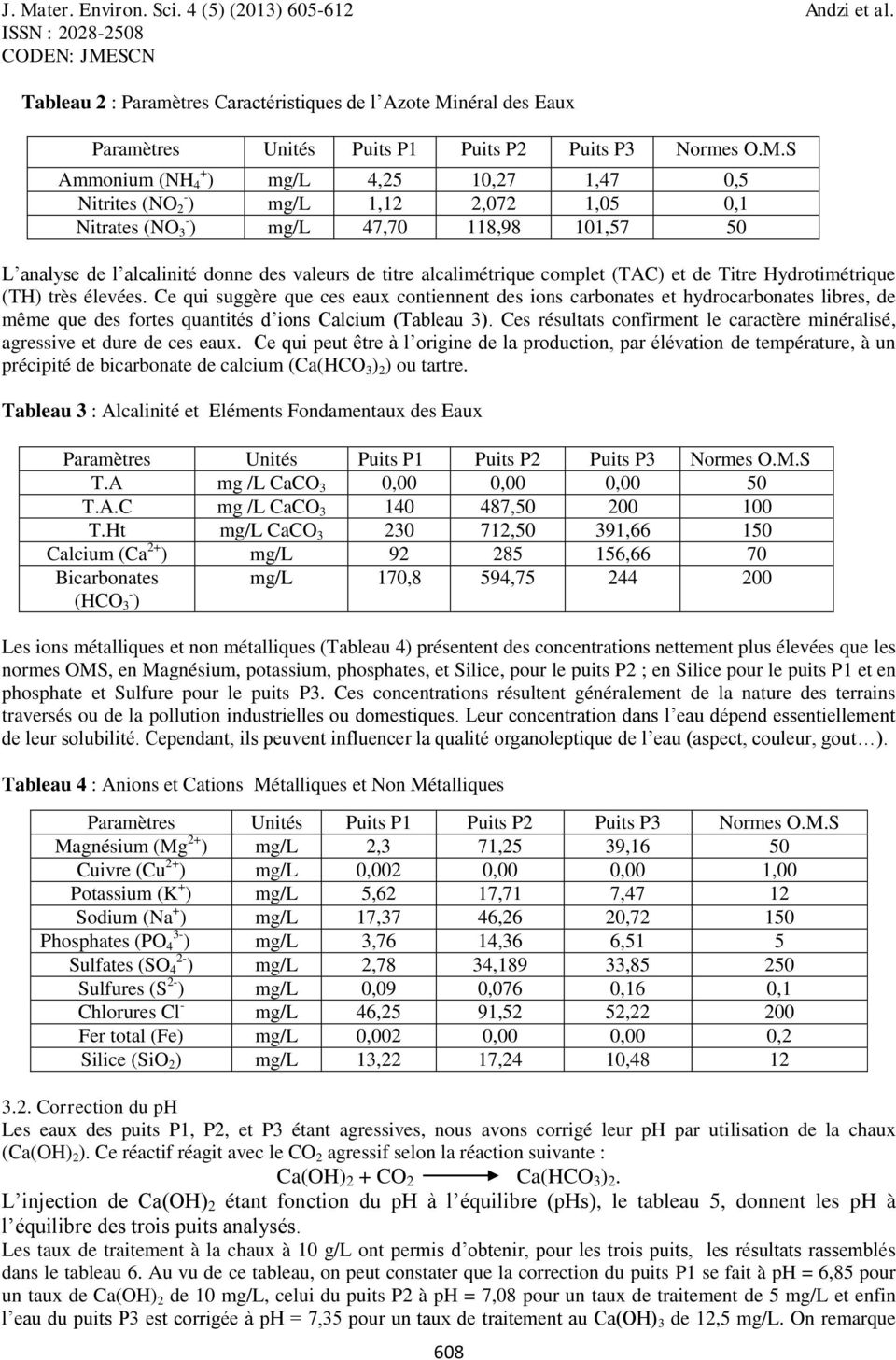 S Ammonium (NH + 4 ) mg/l 4,25 10,27 1,47 0,5 Nitrites (NO - 2 ) mg/l 1,12 2,072 1,05 0,1 Nitrates (NO - 3 ) mg/l 47,70 118,98 101,57 50 L analyse de l alcalinité donne des valeurs de titre