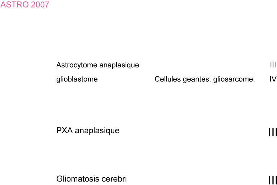 Tumeurs Xanthoastrocytome astrocytaires pleomorphe (PXA) PXA anaplasique Astrocytome subependymaire à
