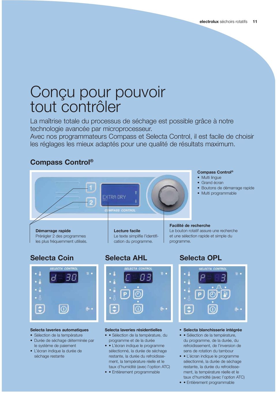 Compass Control Compass Control Multi lingue Grand écran Boutons de démarrage rapide Multi programmable Démarrage rapide Prérégler 2 des programmes les plus fréquemment utilisés.