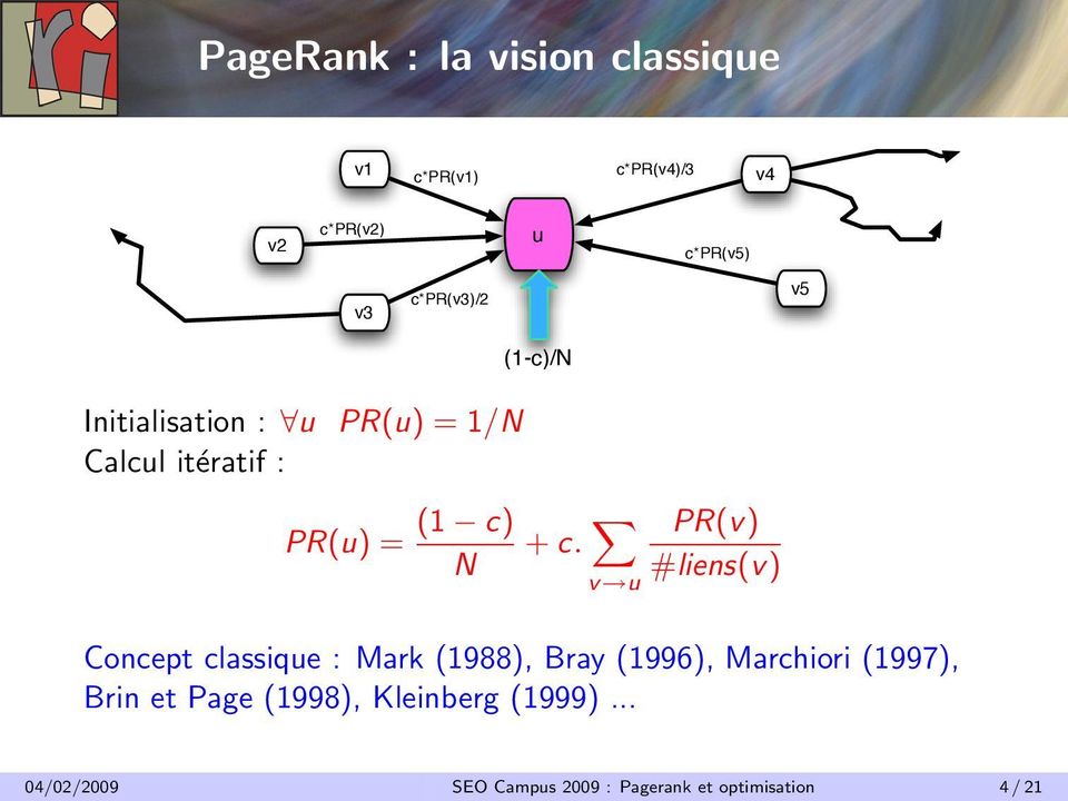 c. v u PR(v) #liens(v) Concept classique : Mark (1988), Bray (1996), Marchiori (1997),