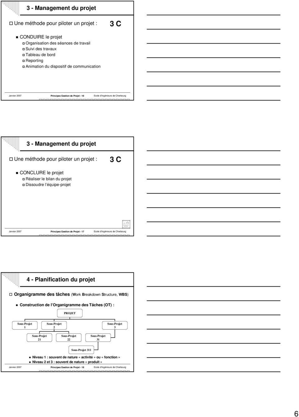 Principes Gestion de Projet - 1 Organigramme des tâches (Work Breakdown Structure, WBS) Construction de l Organigramme des Tâches (OT) : PROJET Sous-Projet 1 Sous-Projet 2 Sous-Projet 3