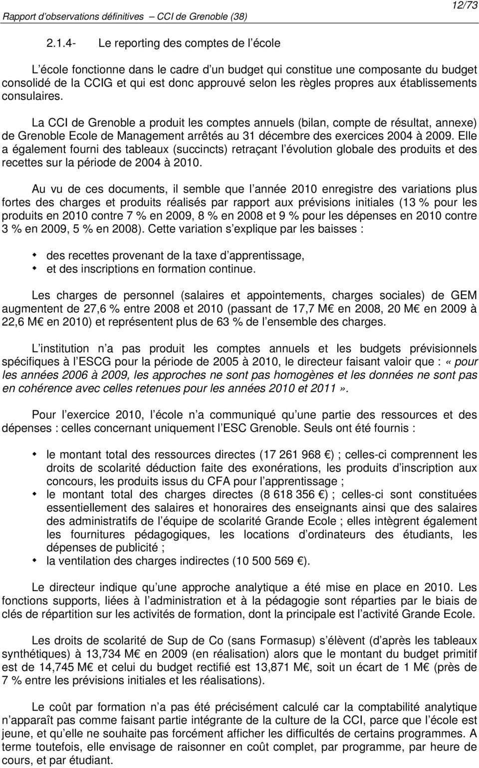 La CCI de Grenoble a produit les comptes annuels (bilan, compte de résultat, annexe) de Grenoble Ecole de Management arrêtés au 31 décembre des exercices 2004 à 2009.