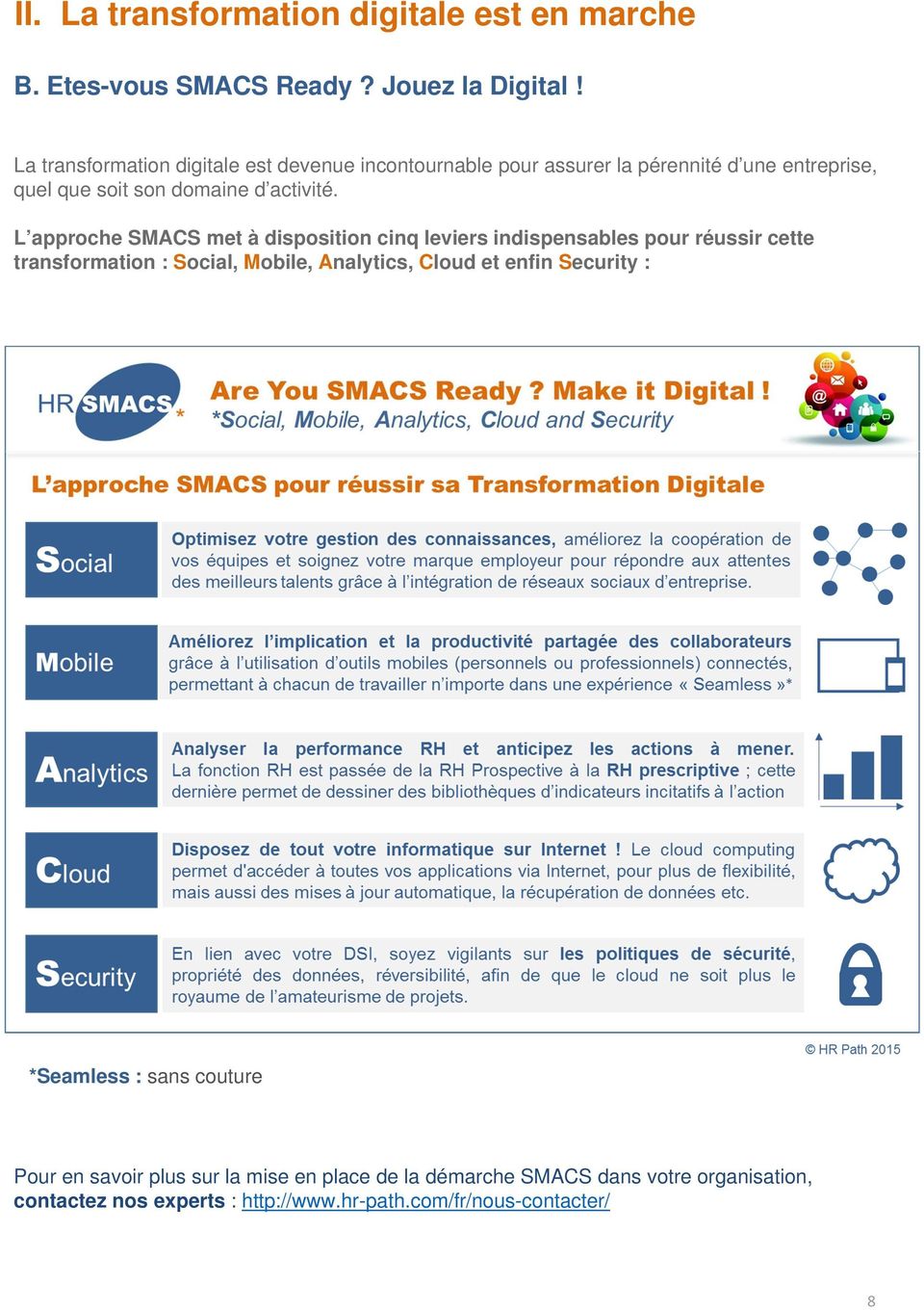 L approche SMACS met à disposition cinq leviers indispensables pour réussir cette transformation : Social, Mobile, Analytics, Cloud et