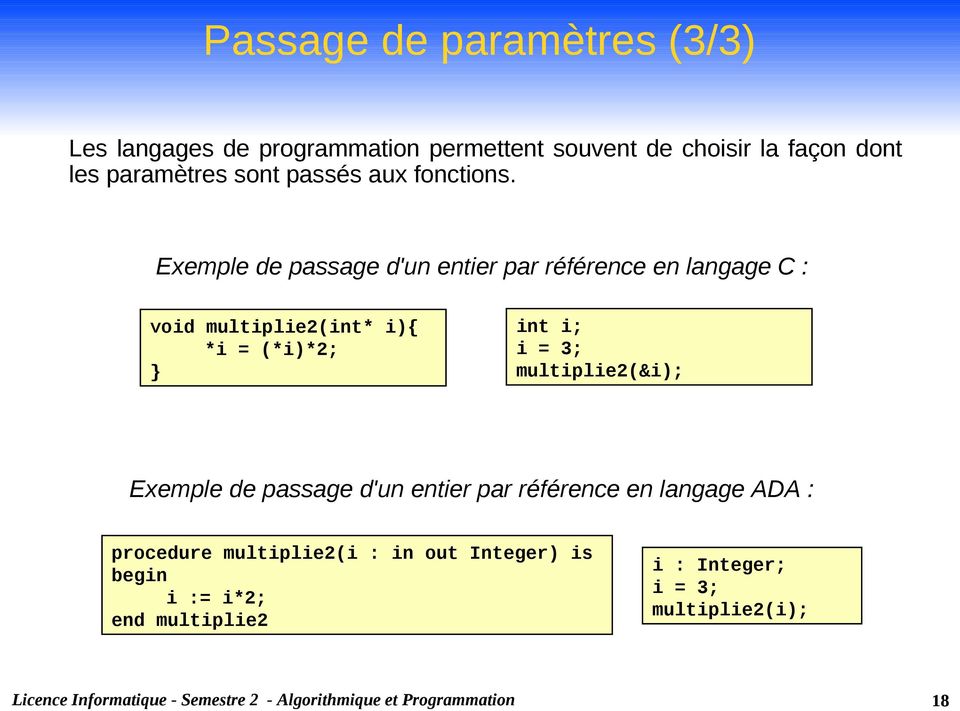 Exemple de passage d'un entier par référence en langage C : void multiplie2(int* i){ *i = (*i)*2; } int i; i =