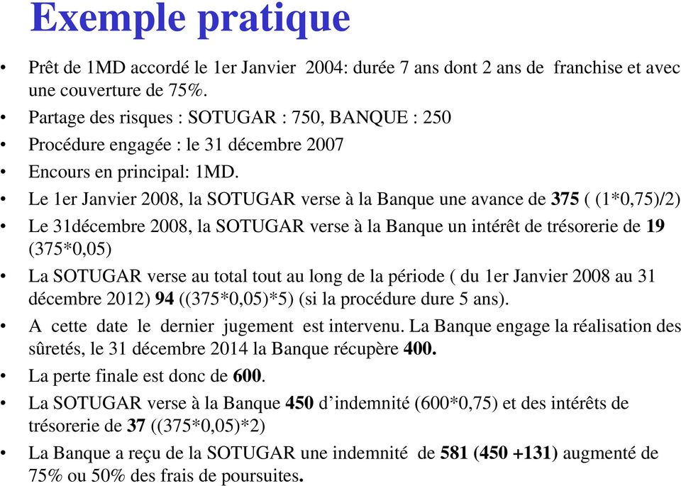 Le 1er Janvier 2008, la SOTUGAR verse à la Banque une avance de 375 ( (1*0,75)/2) Le 31décembre 2008, la SOTUGAR verse à la Banque un intérêt de trésorerie de 19 (375*0,05) La SOTUGAR verse au total