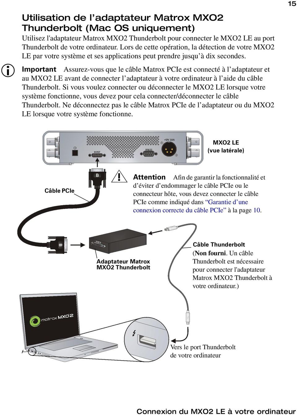 Important Assurez-vous que le câble Matrox PCIe est connecté à l adaptateur et au MXO2 LE avant de connecter l adaptateur à votre ordinateur à l aide du câble Thunderbolt.