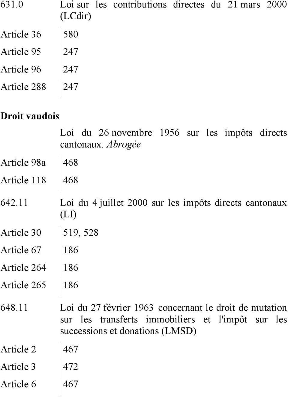 11 Loi du 4 juillet 2000 sur les impôts directs cantonaux (LI) Article 30 519, 528 Article 67 186 Article 264 186 Article 265 186 648.