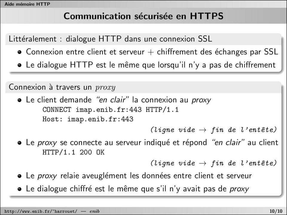 CONNECT imap.enib.fr:443 HTTP/1.1 Host: imap.enib.fr:443 Le proxy se connecte au serveur indiqué et répond en clair au client HTTP/1.