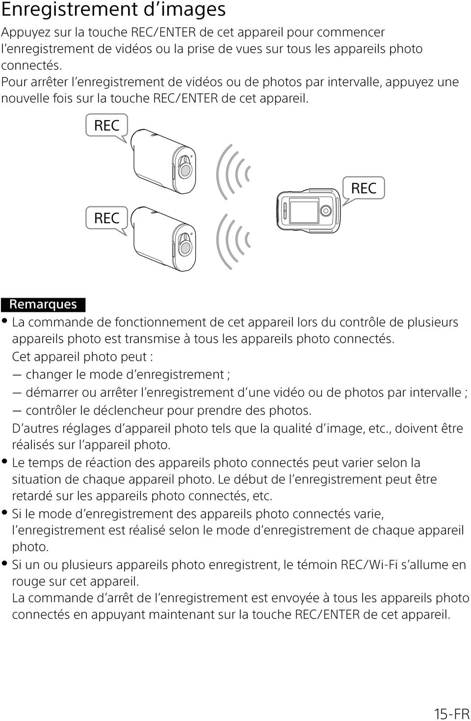 REC REC REC La commande de fonctionnement de cet appareil lors du contrôle de plusieurs appareils photo est transmise à tous les appareils photo connectés.