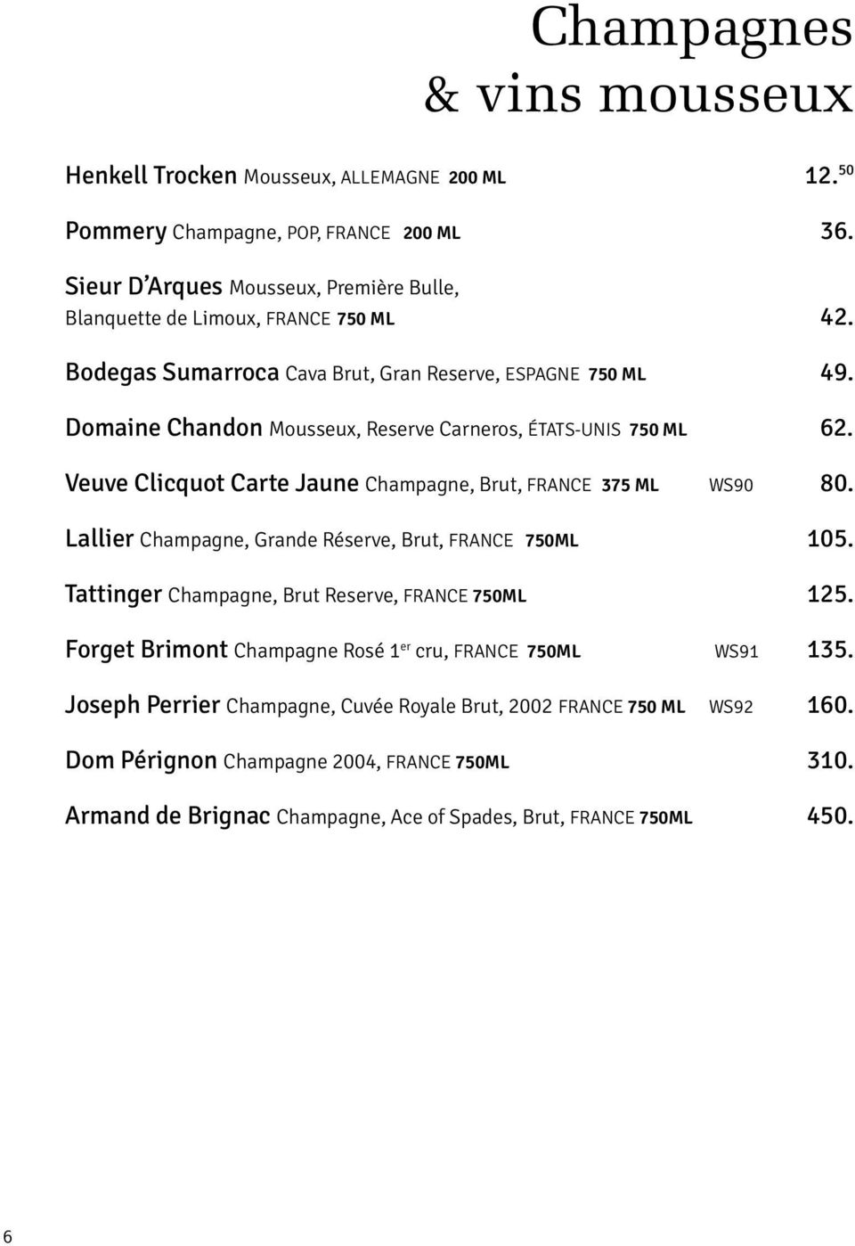 Domaine Chandon Mousseux, Reserve Carneros, ÉTATS-UNIS 750 ML 62. Veuve Clicquot Carte Jaune Champagne, Brut, FRANCE 375 ML WS90 80. Lallier Champagne, Grande Réserve, Brut, FRANCE 750ML 105.