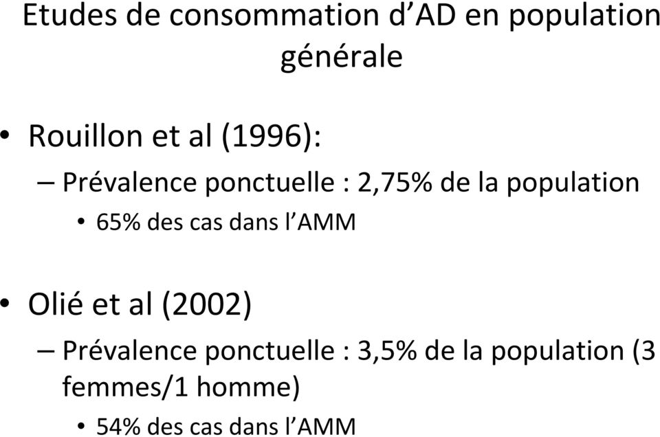 65% des cas dans l AMM Oliéet al (2002) Prévalence ponctuelle