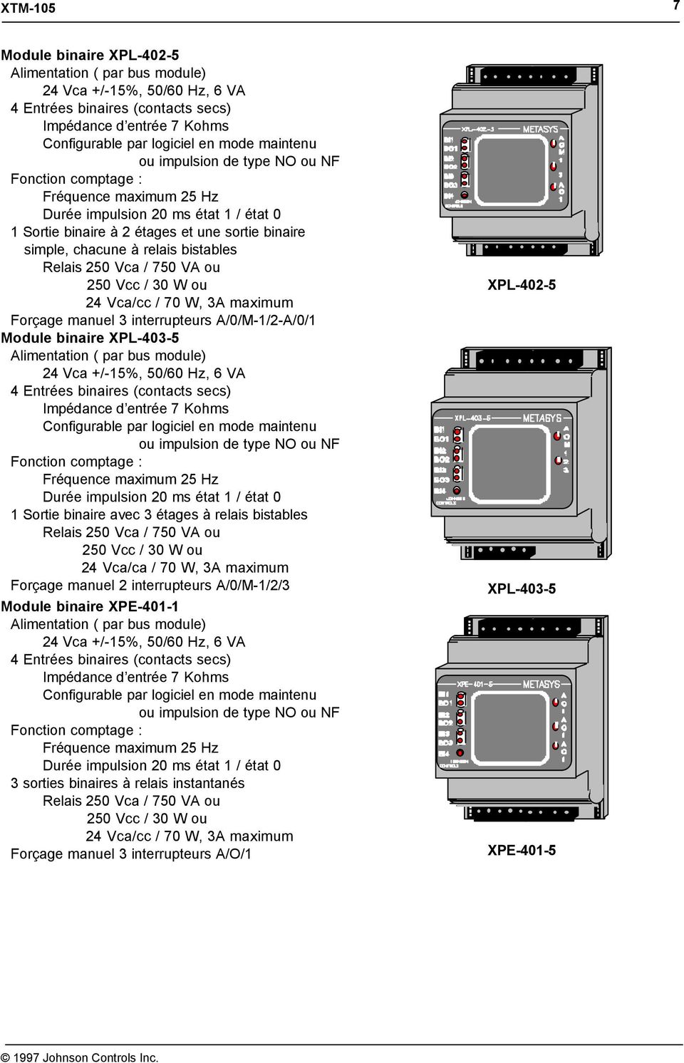 étages à relais bistables 24 Vca/ca / 70 W, 3A maximum Forçage manuel 2 interrupteurs A/0/M-1/2/3 Module