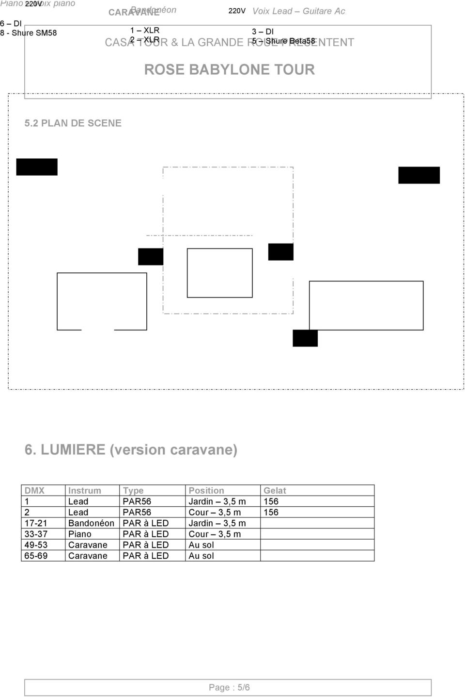 LUMIERE (version caravane) DMX Instrum Type Position Gelat 1 Lead PAR56 Jardin 3,5 m 156 2 Lead PAR56 Cour 3,5 m