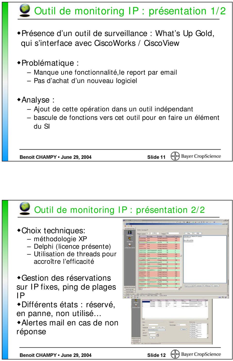 élément du SI Benoit CHAMPY June 29, 2004 Slide 11 Outil de monitoring IP : présentation 2/2 Choix techniques: méthodologie XP Delphi (licence présente) Utilisation de threads pour