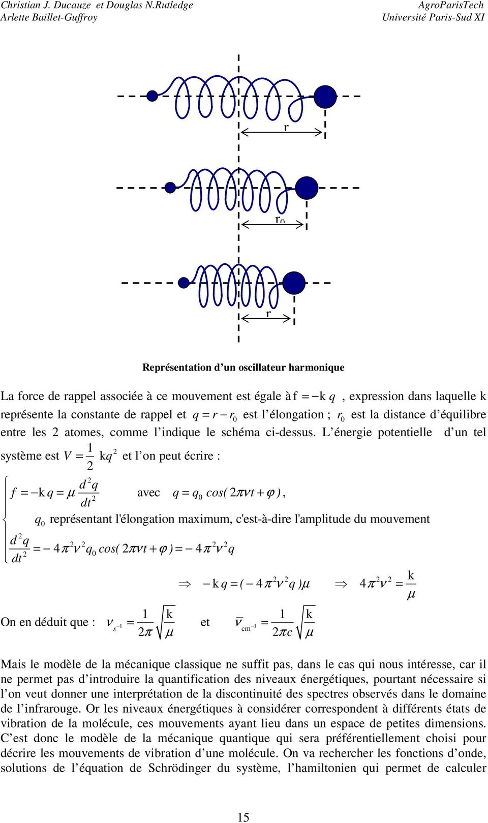 L énergie potentielle d un tel 1 système est V = k q et l on peut écrire : d q f = k q = µ avec q = q cos( πν t + ϕ ), dt q représentant l'élongation maximum, c'est-à-dire l'amplitude du mouvement d