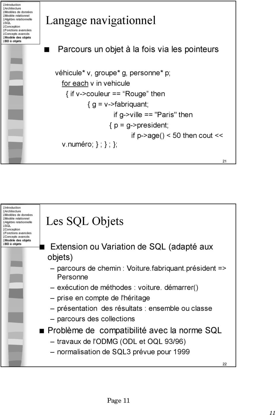 numéro; } ; } ; }; 21 Les SQL Objets Extension ou Variation de SQL (adapté aux objets) parcours de chemin : Voiture.fabriquant.