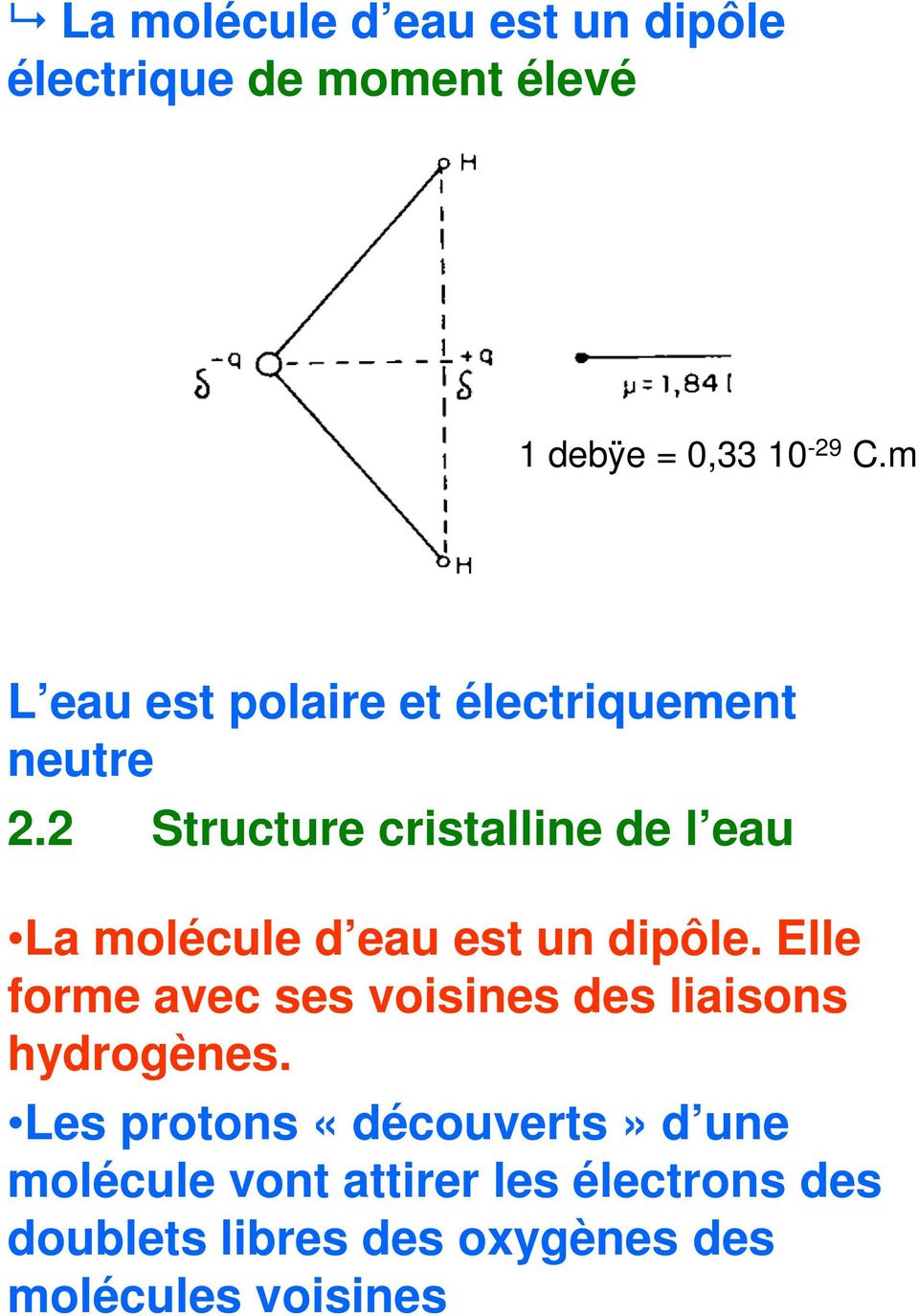 2 Structure cristalline de l eau La molécule d eau est un dipôle.