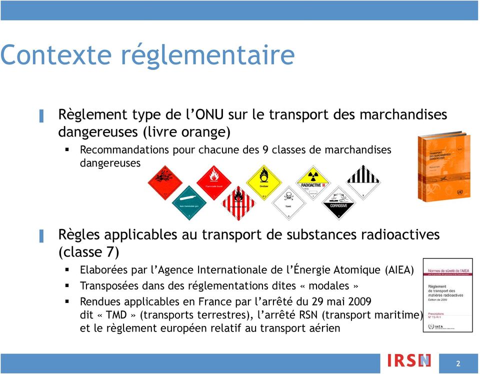Internationale de l Énergie Atomique (AIEA) Transposées dans des réglementations dites «modales» Rendues applicables en France par l