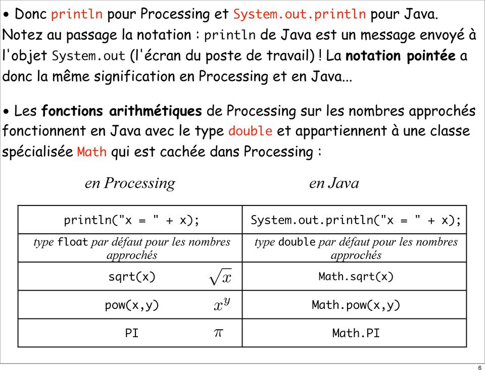.. Les fonctions arithmétiques de Processing sur les nombres approchés fonctionnent en Java avec le type double et appartiennent à une classe spécialisée Math qui est