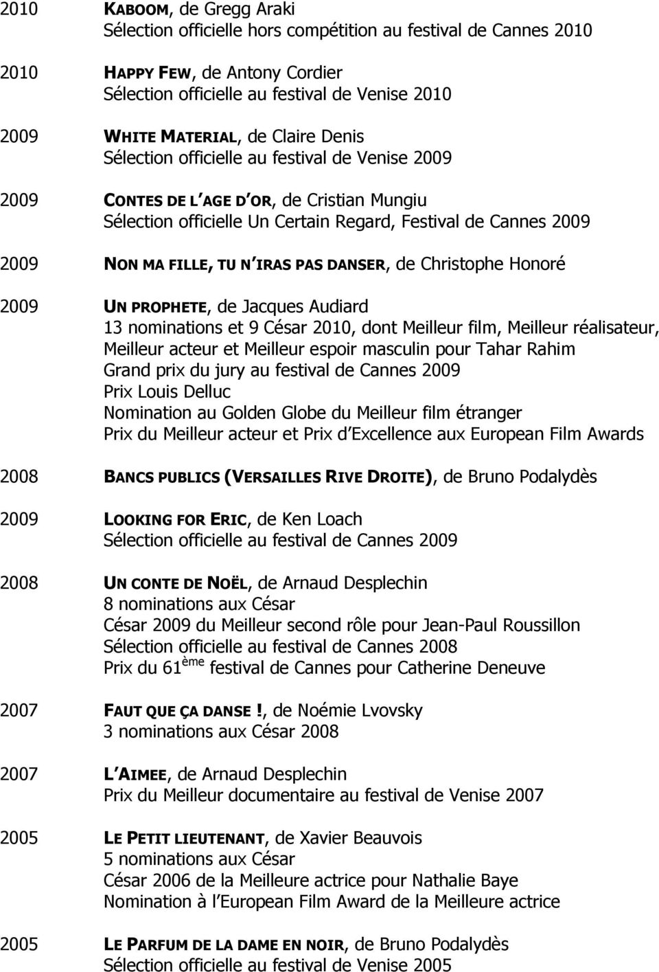 PAS DANSER, de Christophe Honoré 2009 UN PROPHETE, de Jacques Audiard 13 nominations et 9 César 2010, dont Meilleur film, Meilleur réalisateur, Meilleur acteur et Meilleur espoir masculin pour Tahar