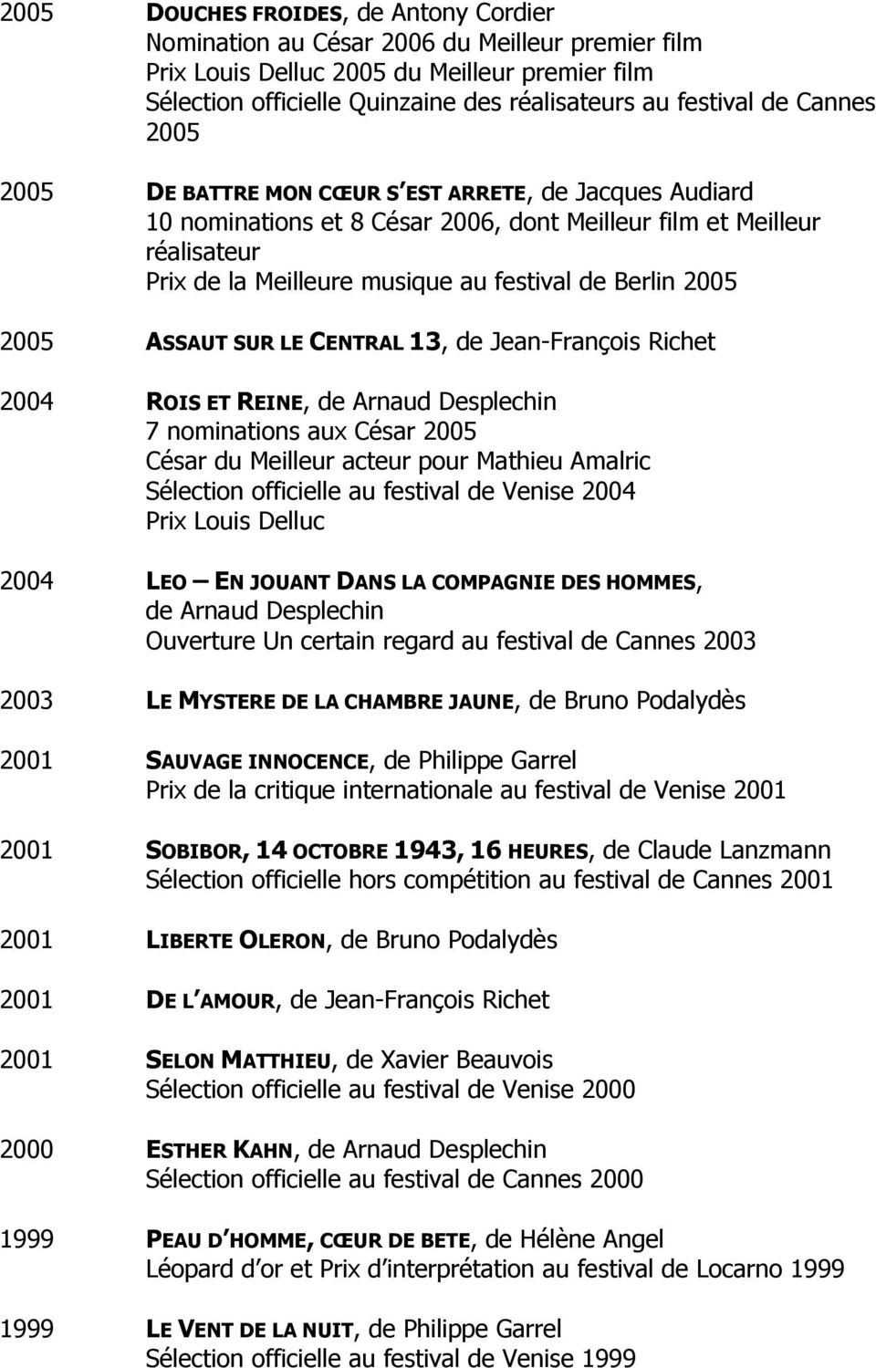 2005 2005 ASSAUT SUR LE CENTRAL 13, de Jean-François Richet 2004 ROIS ET REINE, de Arnaud Desplechin 7 nominations aux César 2005 César du Meilleur acteur pour Mathieu Amalric Sélection officielle au