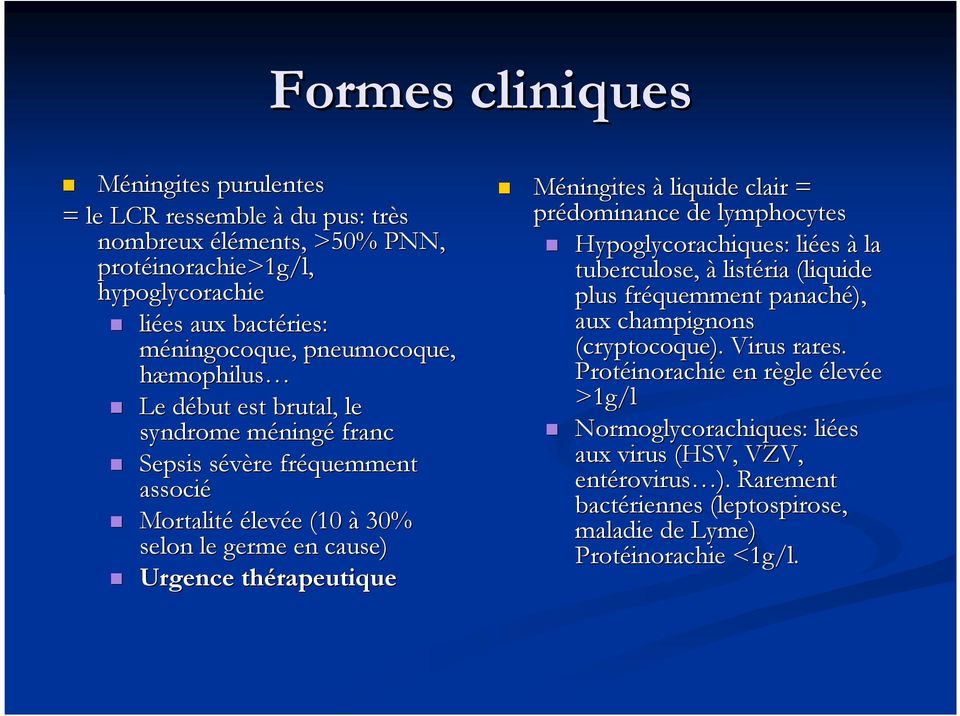 thérapeutique Méningites à liquide clair = prédominance de lymphocytes Hypoglycorachiques: liées à la tuberculose, à listéria (liquide plus fréquemment panaché), aux champignons