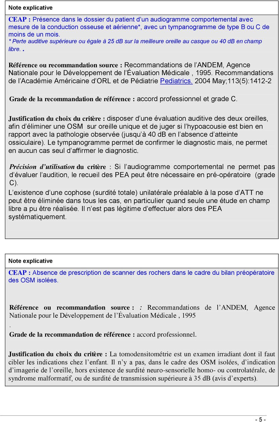 . Référence ou recommandation source : Recommandations de l ANDEM, Agence Nationale pour le Développement de l Évaluation Médicale, 1995.