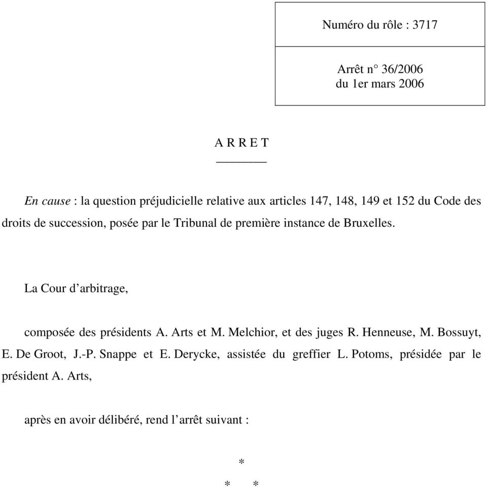 La Cour d arbitrage, composée des présidents A. Arts et M. Melchior, et des juges R. Henneuse, M. Bossuyt, E. De Groot, J.-P.