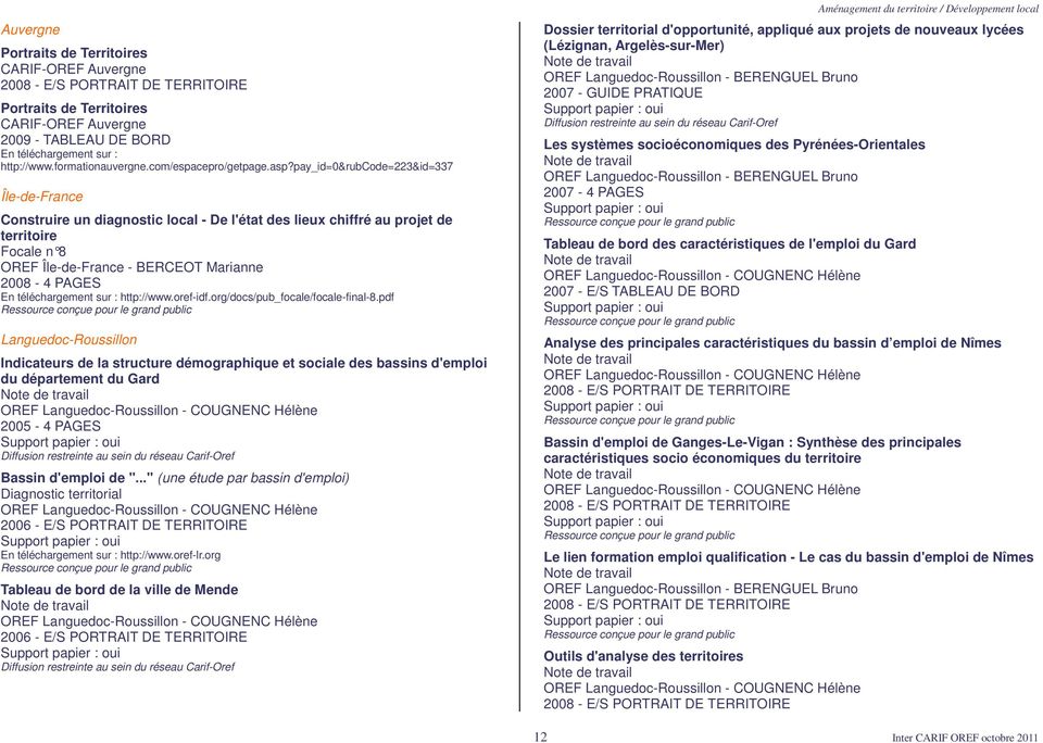 pay_id=0&rubcode=223&id=337 Île-de-France Construire un diagnostic local - De l'état des lieux chiffré au projet de territoire Focale n 8 OREF Île-de-France - BERCEOT Marianne 2008-4 PAGES http://www.