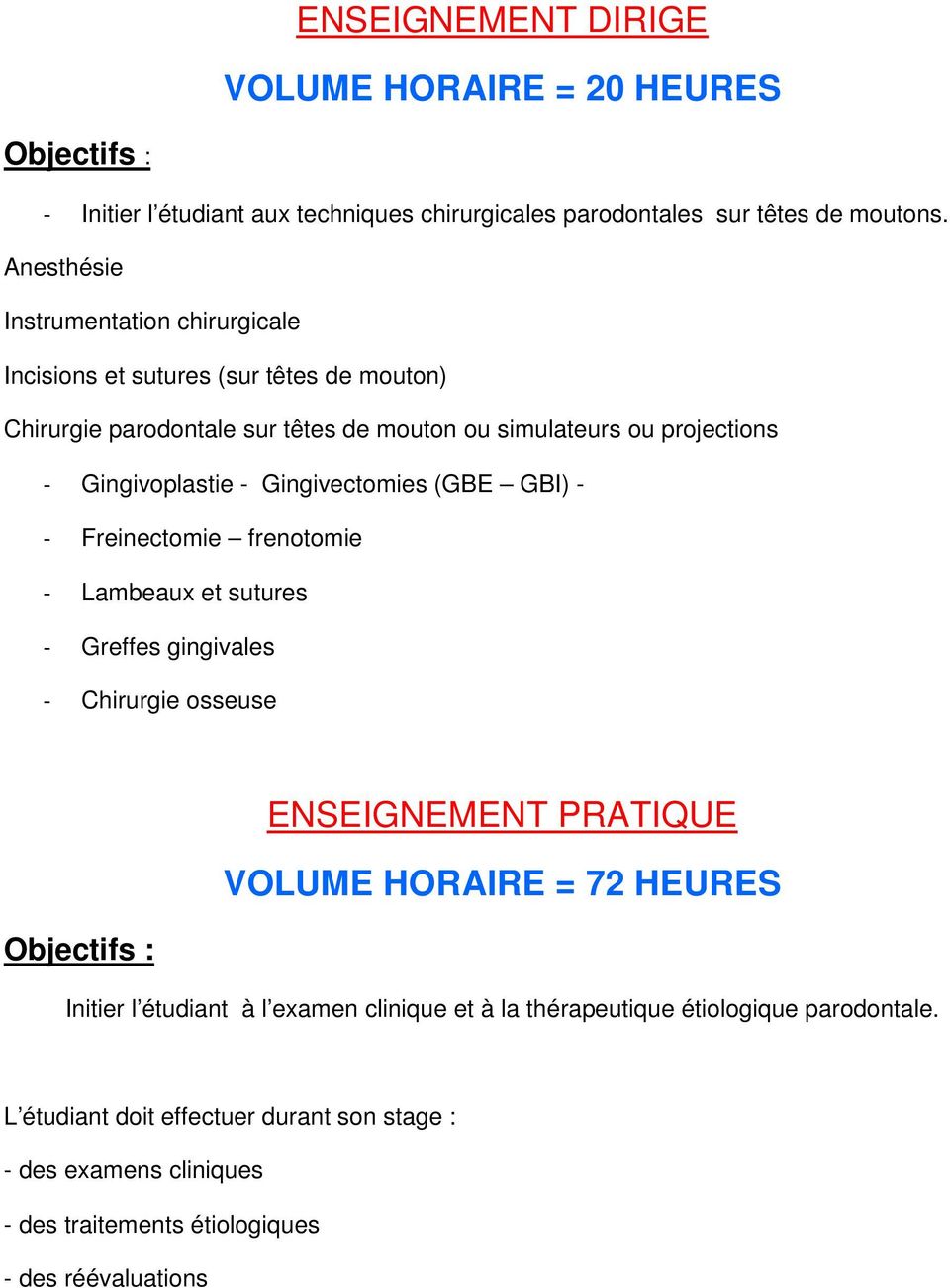 Gingivectomies (GBE GBI) - - Freinectomie frenotomie - Lambeaux et sutures - Greffes gingivales - Chirurgie osseuse ENSEIGNEMENT PRATIQUE VOLUME HORAIRE = 72 HEURES Objectifs