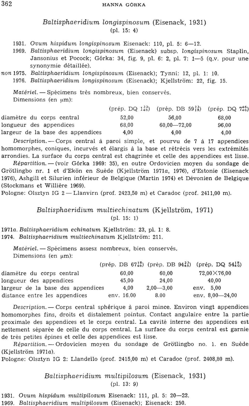 1976. Baltisphaeridium longispinosum (Eisenack); Kjellstrom: 22, fig. 15. Matériel. - Spécimens très nombreux, bien conservés. Dimensions (en flm): (prép. DQ l~g) (prép. DB 59H) (prép.