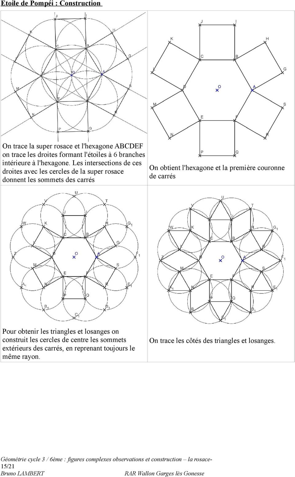 Les intersections de ces On obtient l'hexagone et la première couronne droites avec les cercles de la super rosace de carrés donnent les sommets