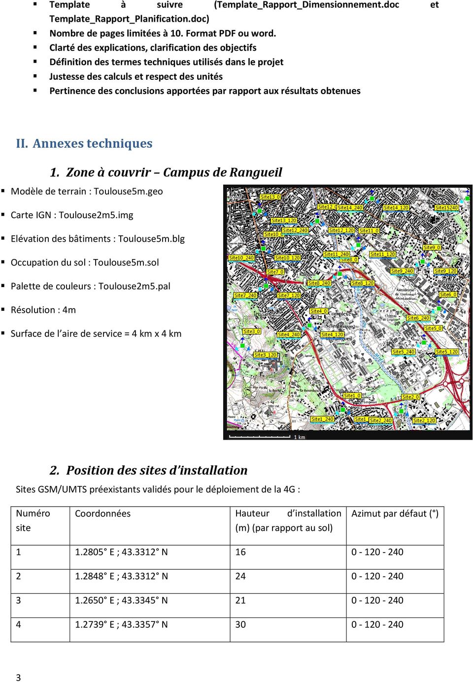 rapport aux résultats obtenues II. Annexes techniques 1. Zone à couvrir Campus de Rangueil Modèle de terrain : Toulouse5m.geo Carte IGN : Toulouse2m5.img Elévation des bâtiments : Toulouse5m.