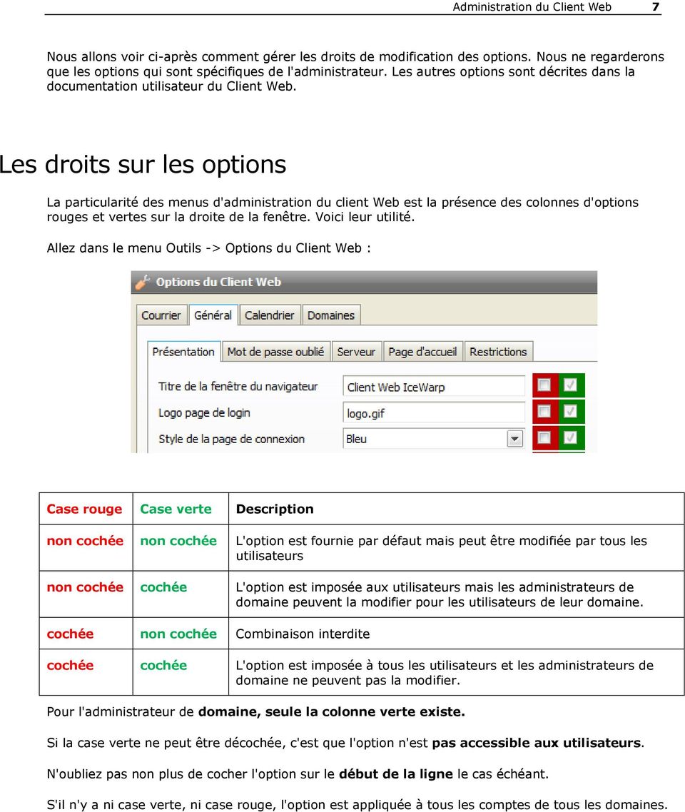 Les droits sur les options La particularité des menus d'administration du client Web est la présence des colonnes d'options rouges et vertes sur la droite de la fenêtre. Voici leur utilité.
