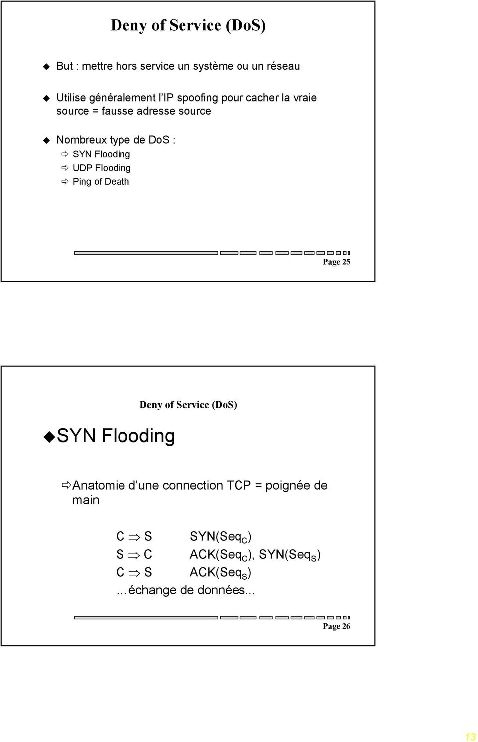 Nombreux type de DoS : " SYN Flooding " UDP Flooding " Ping of Death Page 25!