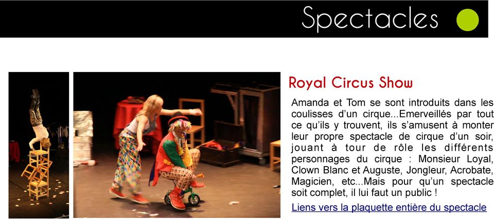jouant à tour de ro le les différents personnages du cirque : Monsieur Loyal, Clown Blanc et Auguste, Jongleur,