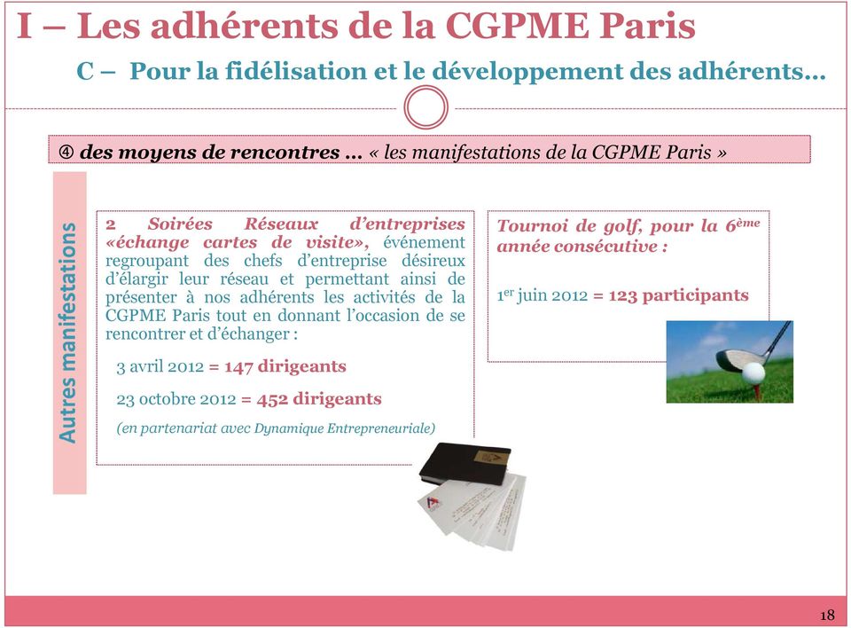 de présenter à nos adhérents les activités de la CGPME Paris tout en donnant l occasion de se rencontrer et d échanger: Tournoi de golf, pour la 6 ème