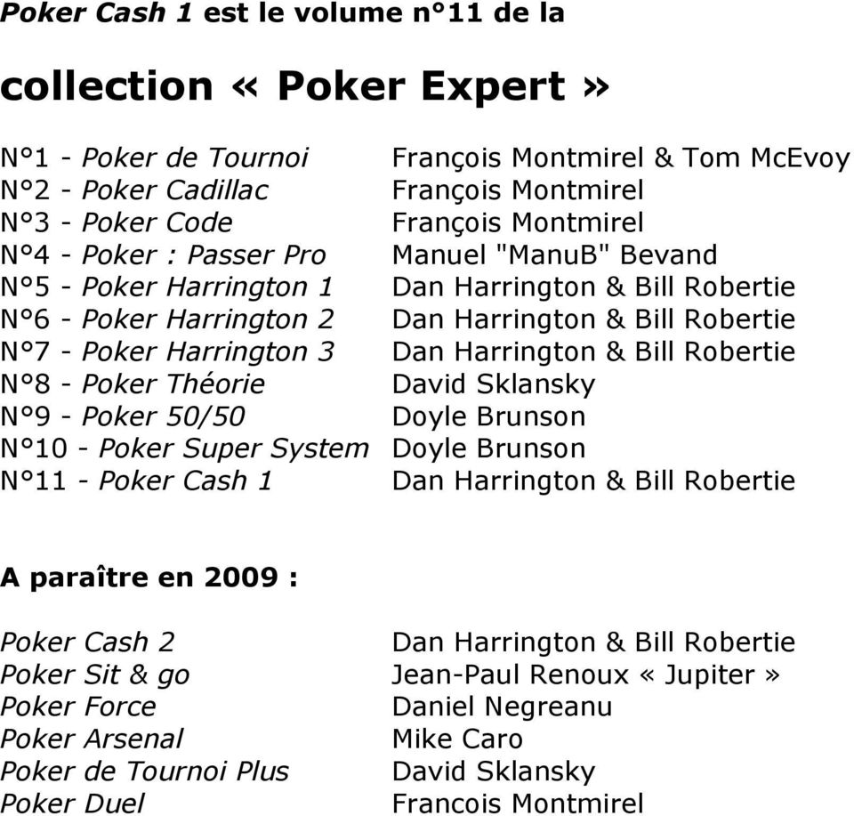 Bill Robertie N 8 - Poker Théorie David Sklansky N 9 - Poker 50/50 Doyle Brunson N 10 - Poker Super System Doyle Brunson N 11 - Poker Cash 1 Dan Harrington & Bill Robertie A paraître en 2009 : Poker