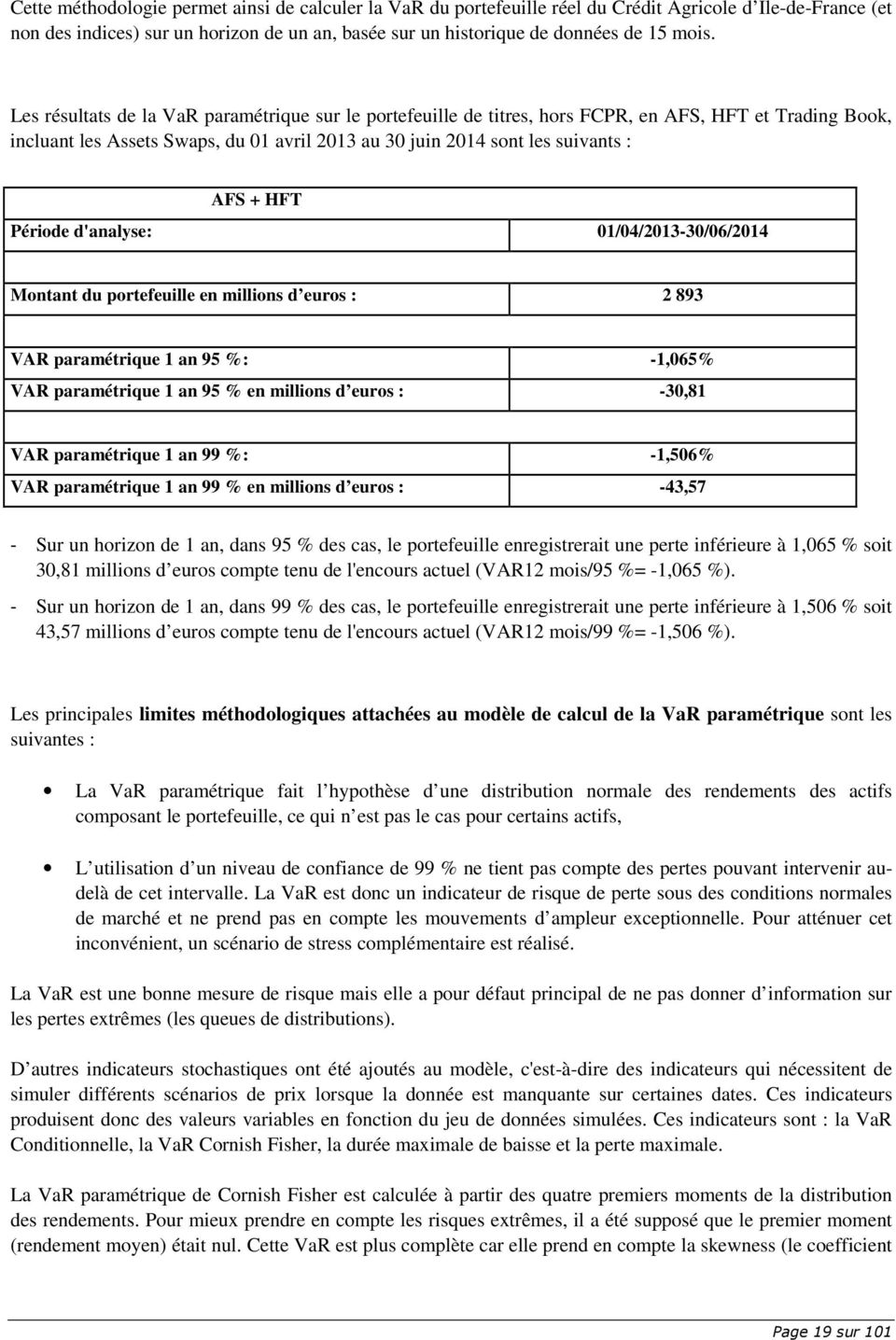Période d'analyse: 01/04/2013-30/06/2014 Montant du portefeuille en millions d euros : 2 893 VAR paramétrique 1 an 95 %: -1,065% VAR paramétrique 1 an 95 % en millions d euros : -30,81 VAR