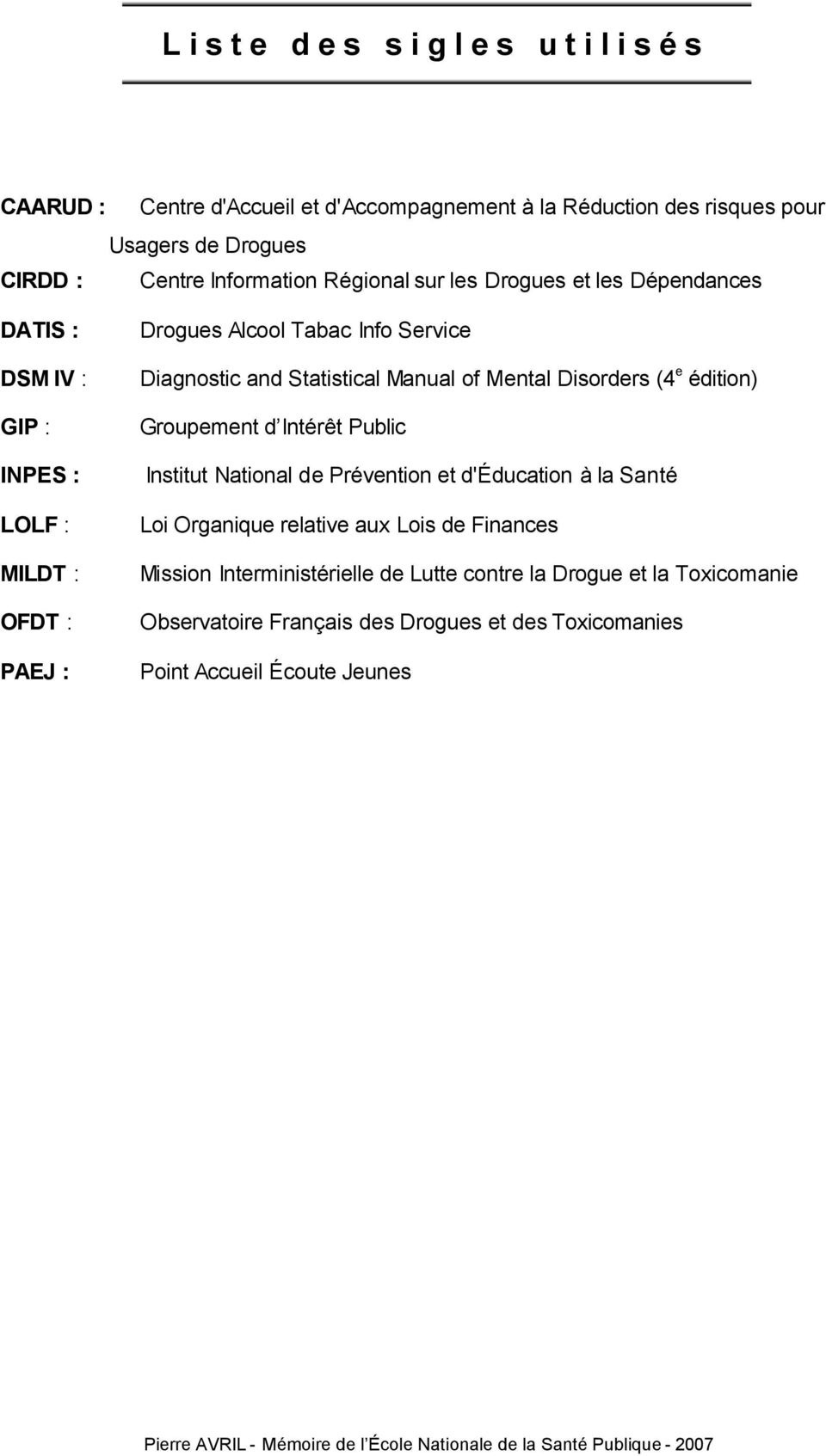 Manual of Mental Disorders (4 e édition) Groupement d Intérêt Public Institut National de Prévention et d'éducation à la Santé Loi Organique relative aux Lois