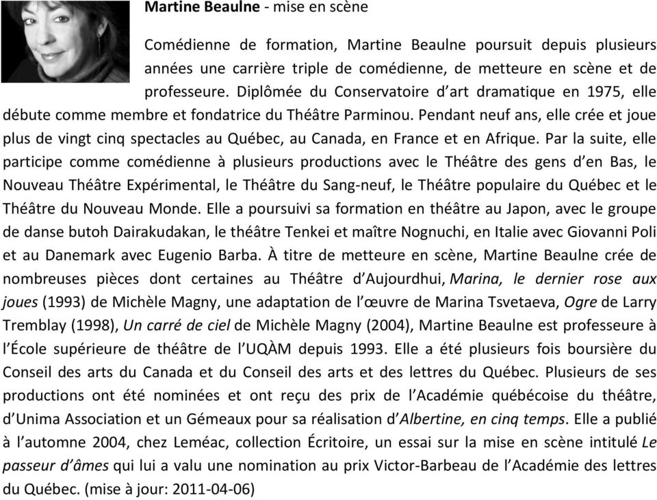 Pendant neuf ans, elle crée et joue plus de vingt cinq spectacles au Québec, au Canada, en France et en Afrique.