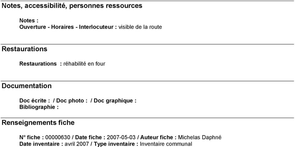 Doc graphique : Bibliographie : Renseignements fiche N fiche : 00000630 / Date fiche : 2007-05-03 /