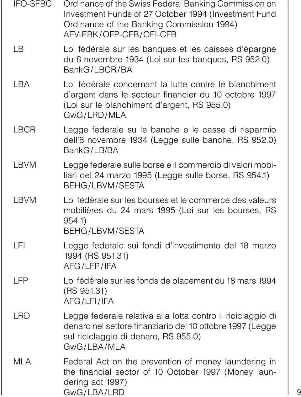 0) BankG/LBCR/BA LBA Loi fédérale concernant la lutte contre le blanchiment d argent dans le secteur financier du 10 octobre 1997 (Loi sur le blanchiment d argent, RS 955.