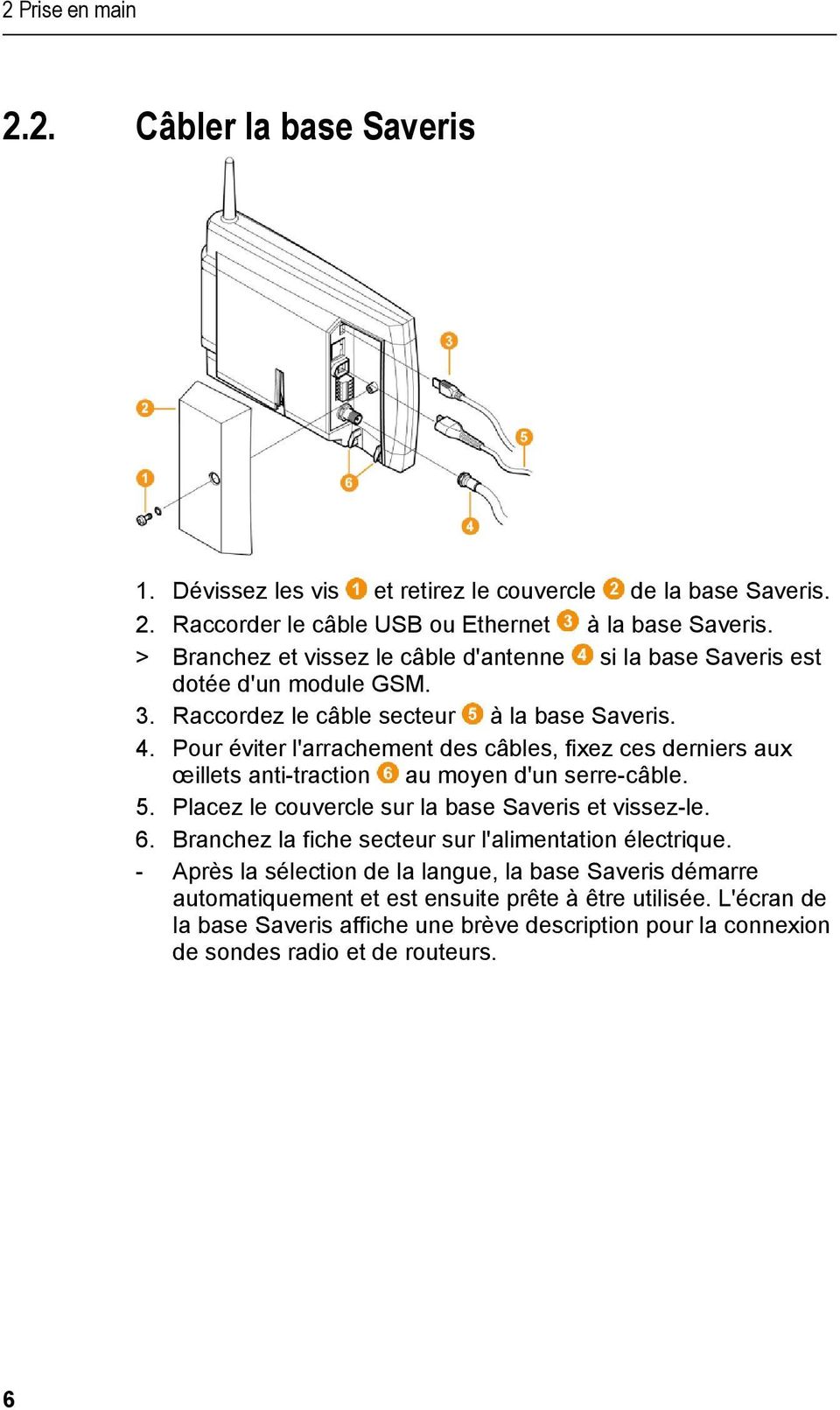 > Branchez et vissez le câble d'antenne si la base Saveris est dotée d'un module GSM. 3. Raccordez le câble secteur à la base Saveris. 4.