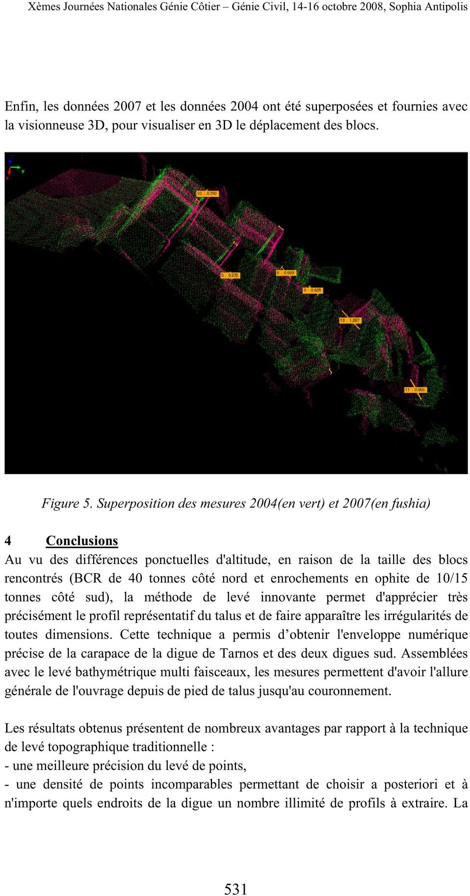 Superposition des mesures 2004(en vert) et 2007(en fushia) 4 Conclusions Au vu des différences ponctuelles d'altitude, en raison de la taille des blocs rencontrés (BCR de 40 tonnes côté nord et