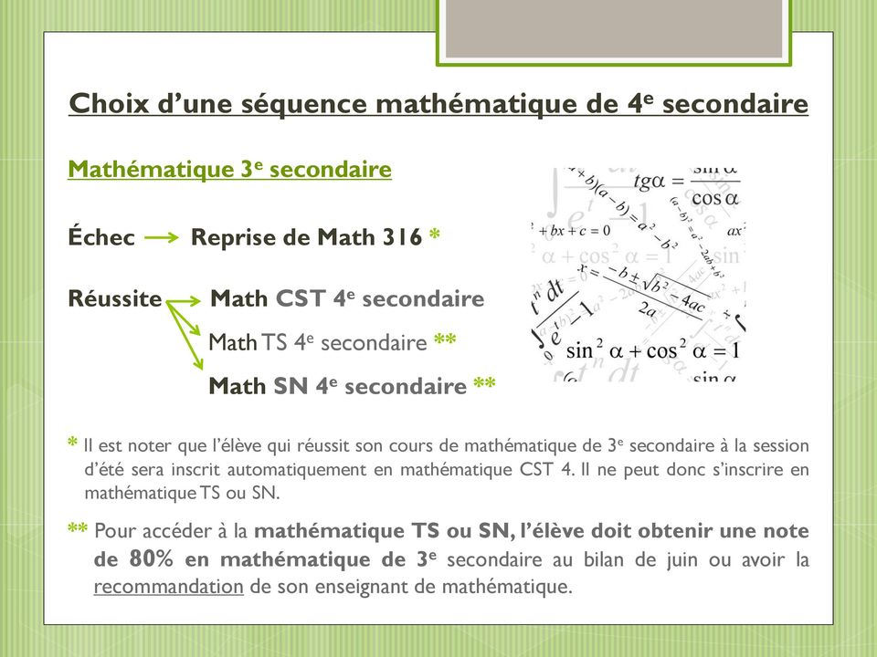 sera inscrit automatiquement en mathématique CST 4. Il ne peut donc s inscrire en mathématique TS ou SN.