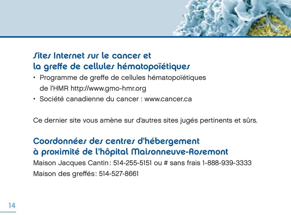 : www.cancer.ca Ce dernier site vous amène sur d autres sites jugés pertinents et sûrs.