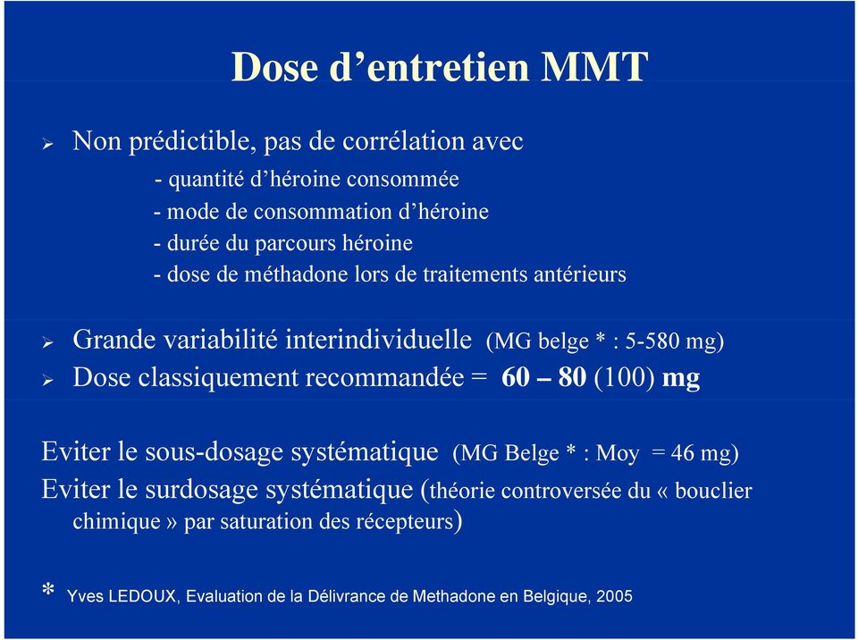 classiquement recommandée = 60 80 (100) mg Eviter le sous-dosage systématique (MG Belge * : Moy = 46 mg) Eviter le surdosage systématique