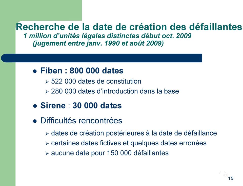 1990 et août 2009) Fiben : 800 000 dates 522 000 dates de constitution 280 000 dates d introduction dans la