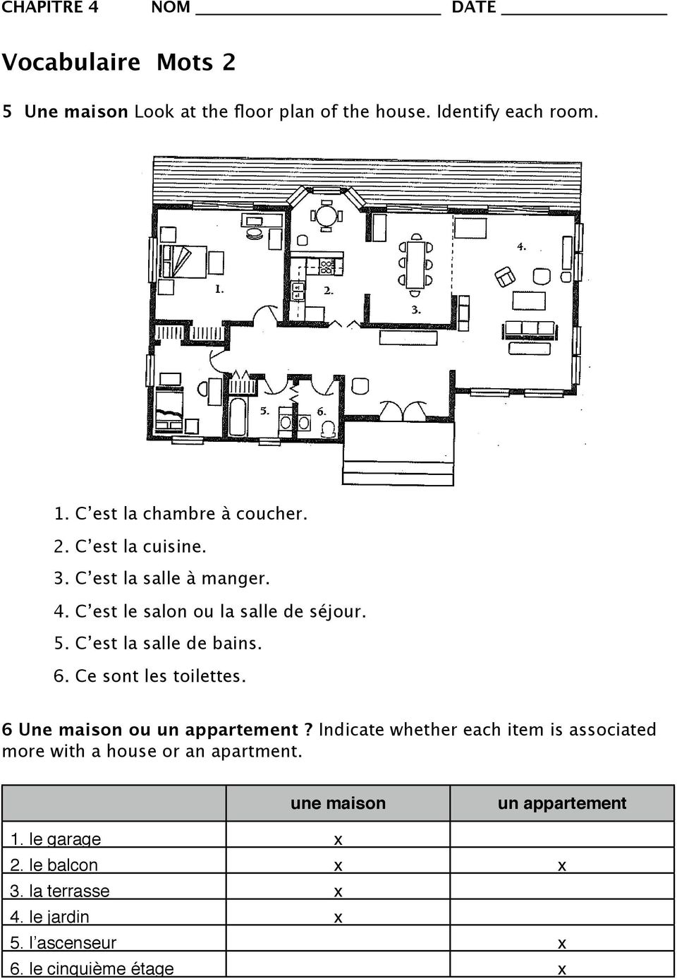 6 Une maison ou un appartement? Indicate whether each item is associated more with a house or an apartment.